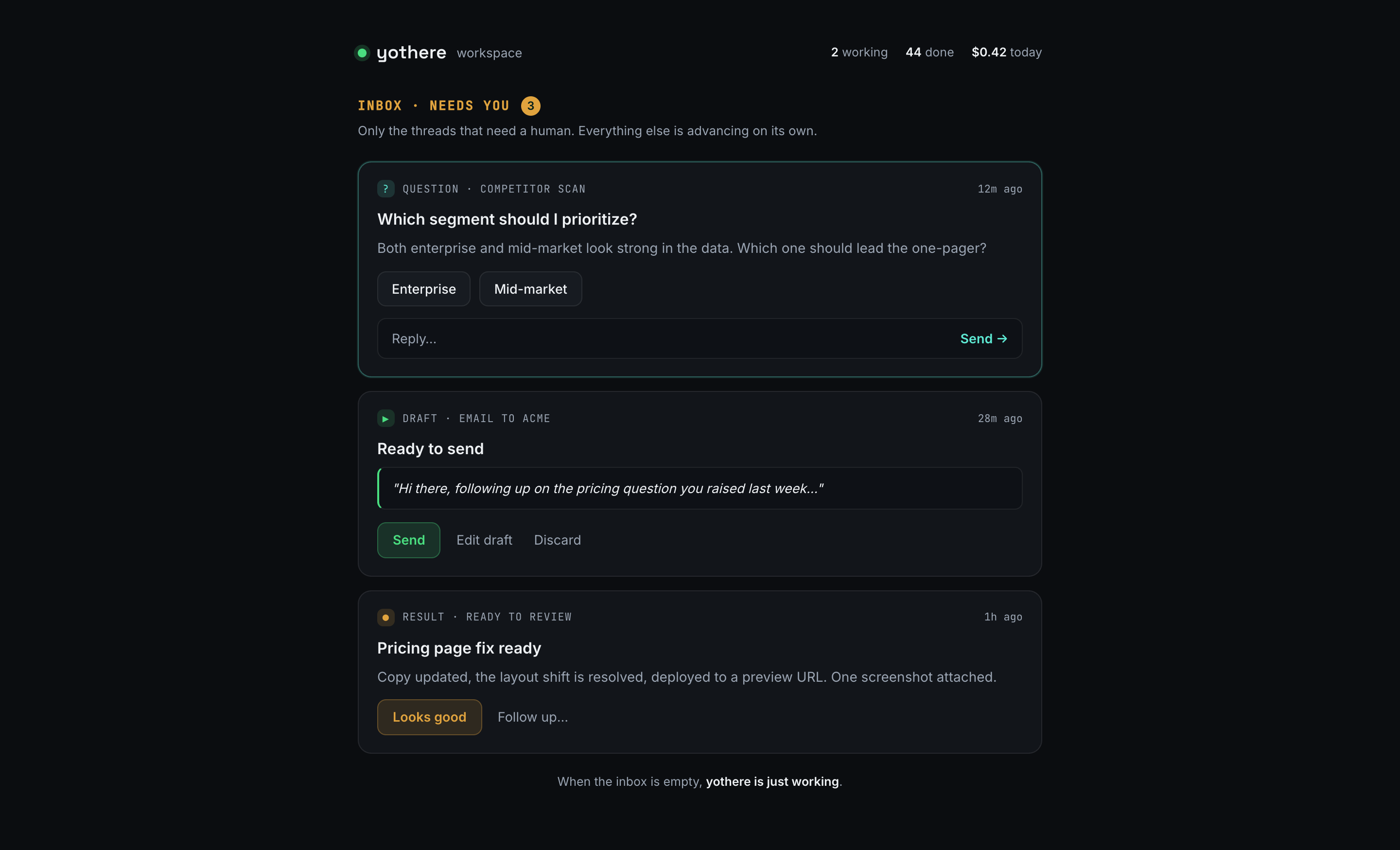 The yothere inbox with a question, a draft ready to send, and a finished result