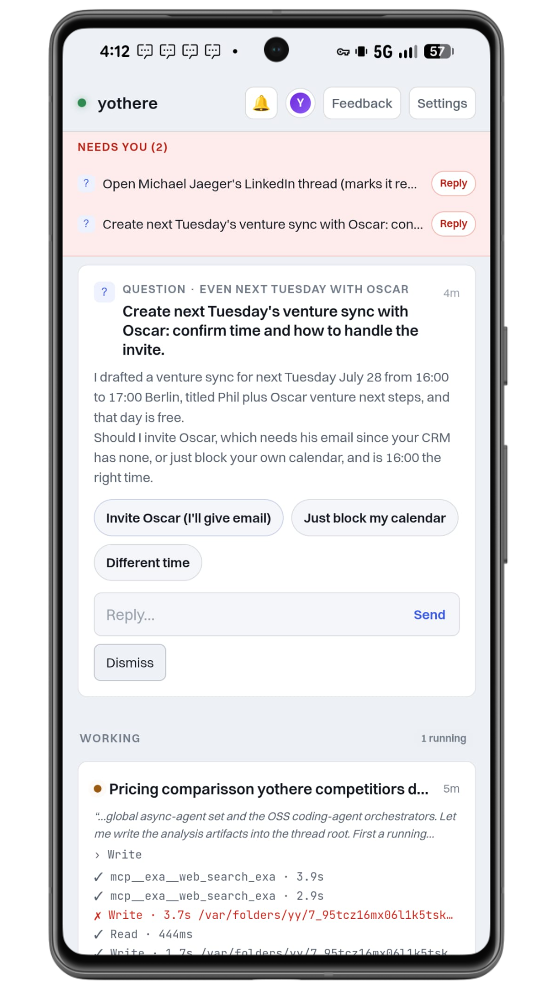 The yothere app on a phone: dispatch a task, an empty inbox, and the working lane